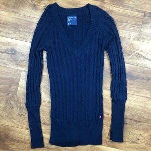 American Eagle Y2K 2000s Dark Blue Cable Knit Sweater V Neck